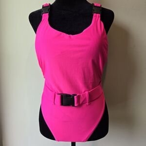 Ree Bees Women's Neon Pink Belted Buckle Straps High Thigh Swimsuit Medium